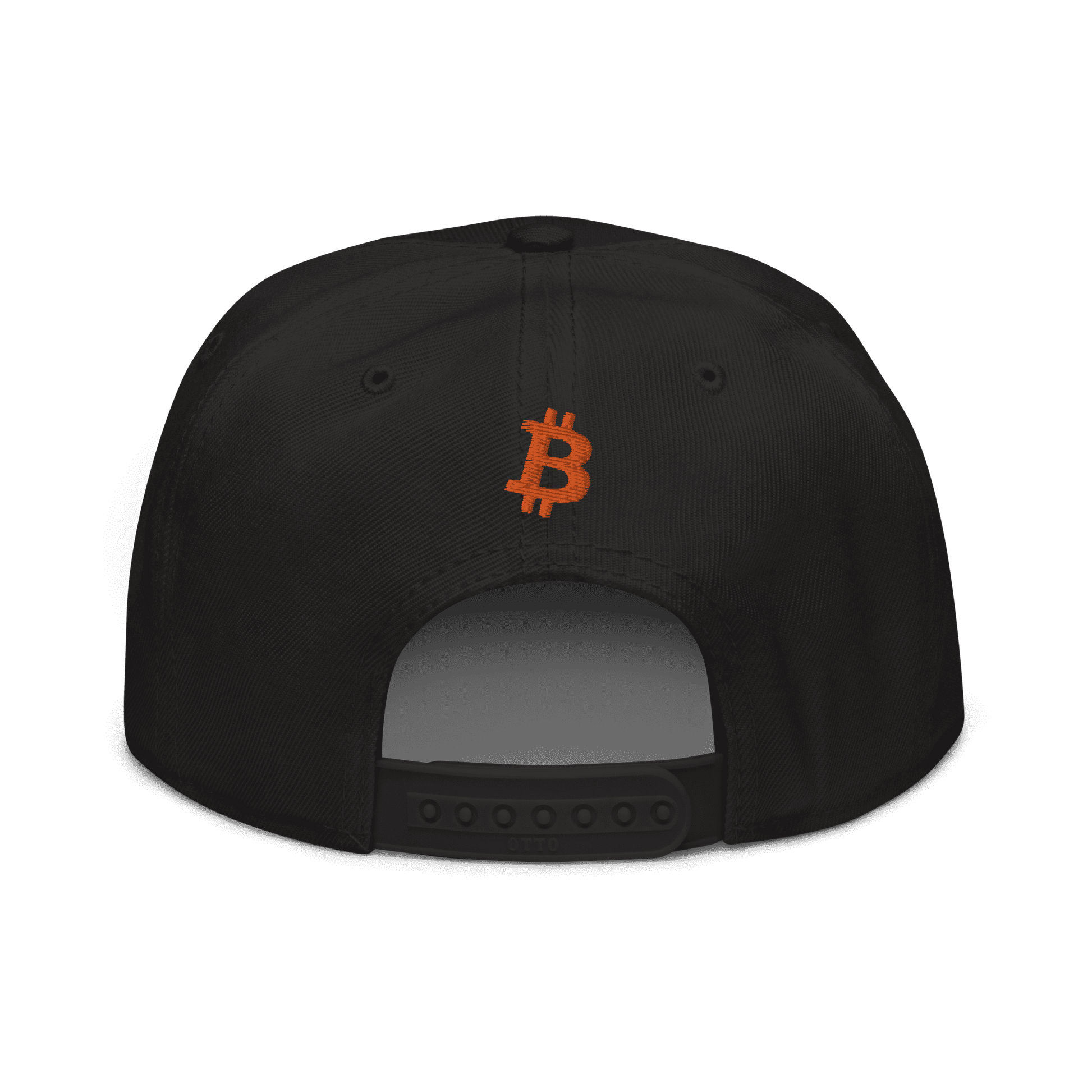 Back view of a black bitcoin snapback hat.