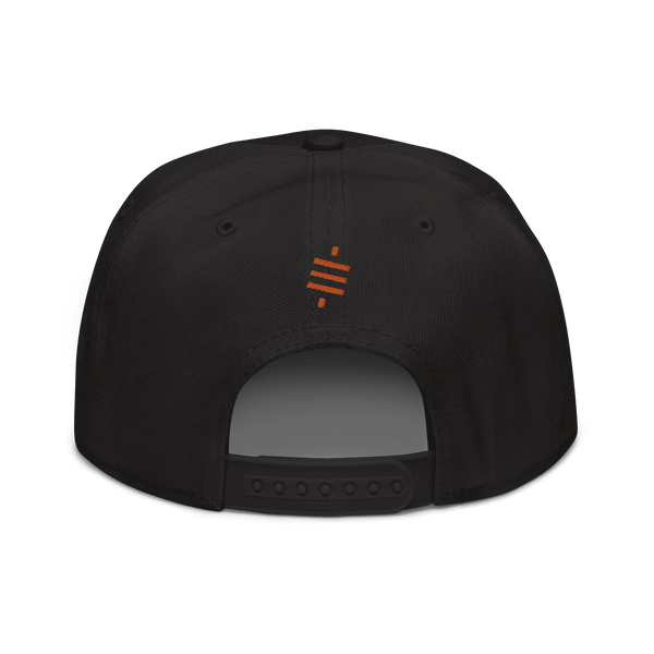 Black bitcoin snapback hat featuring the sats symbol with flat visor and grey under visor
