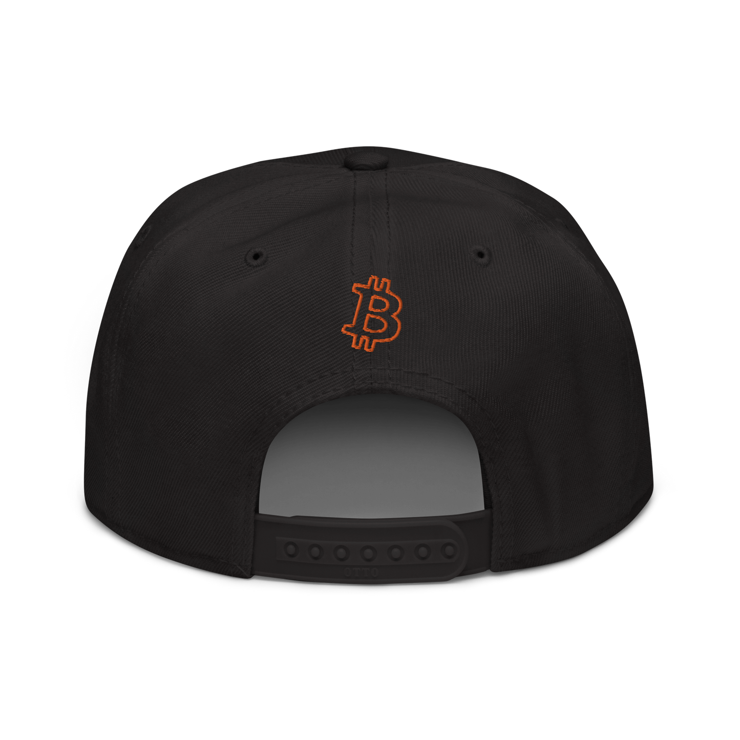 Back view of a black bitcoin snapback hat.