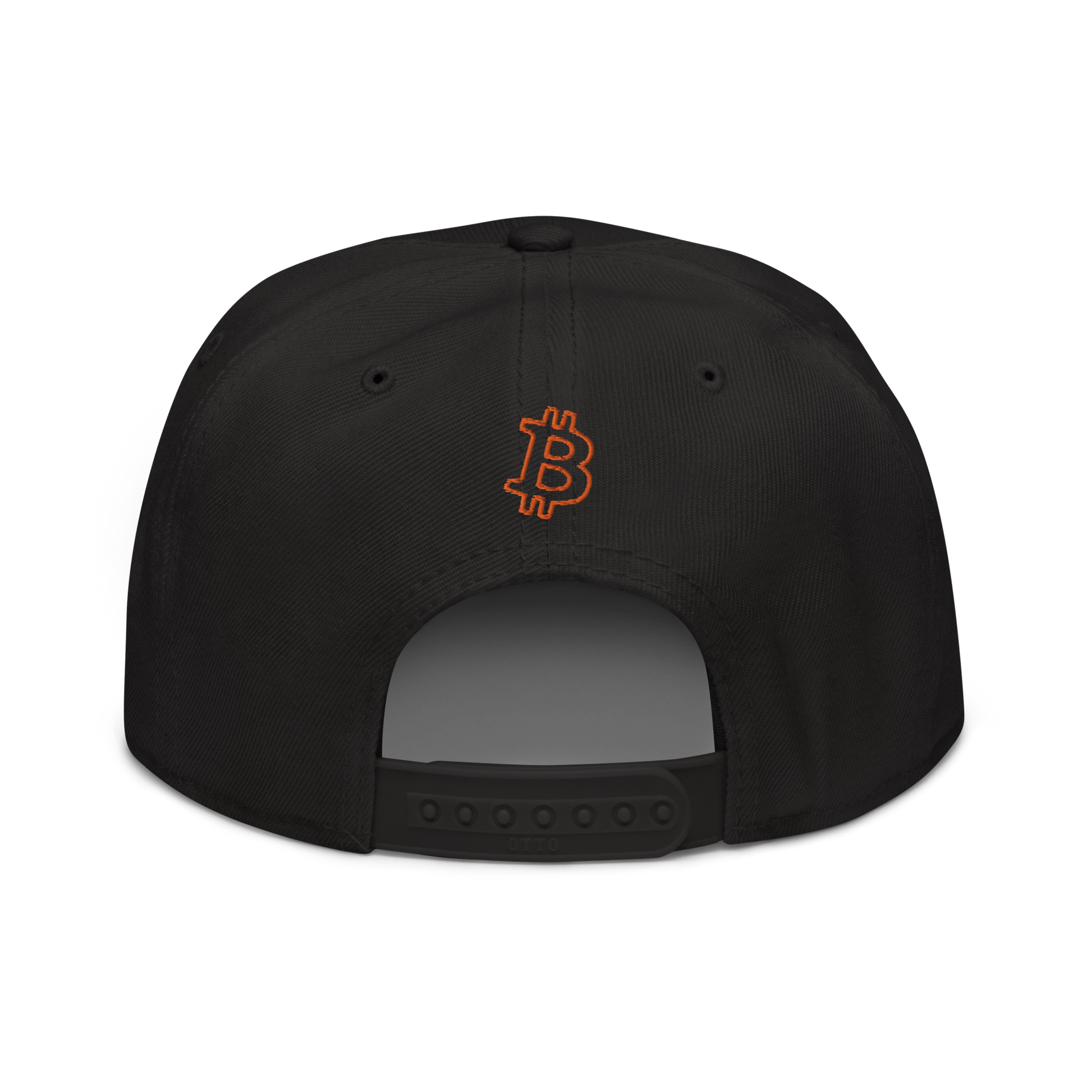 Back view of a black bitcoin snapback hat.