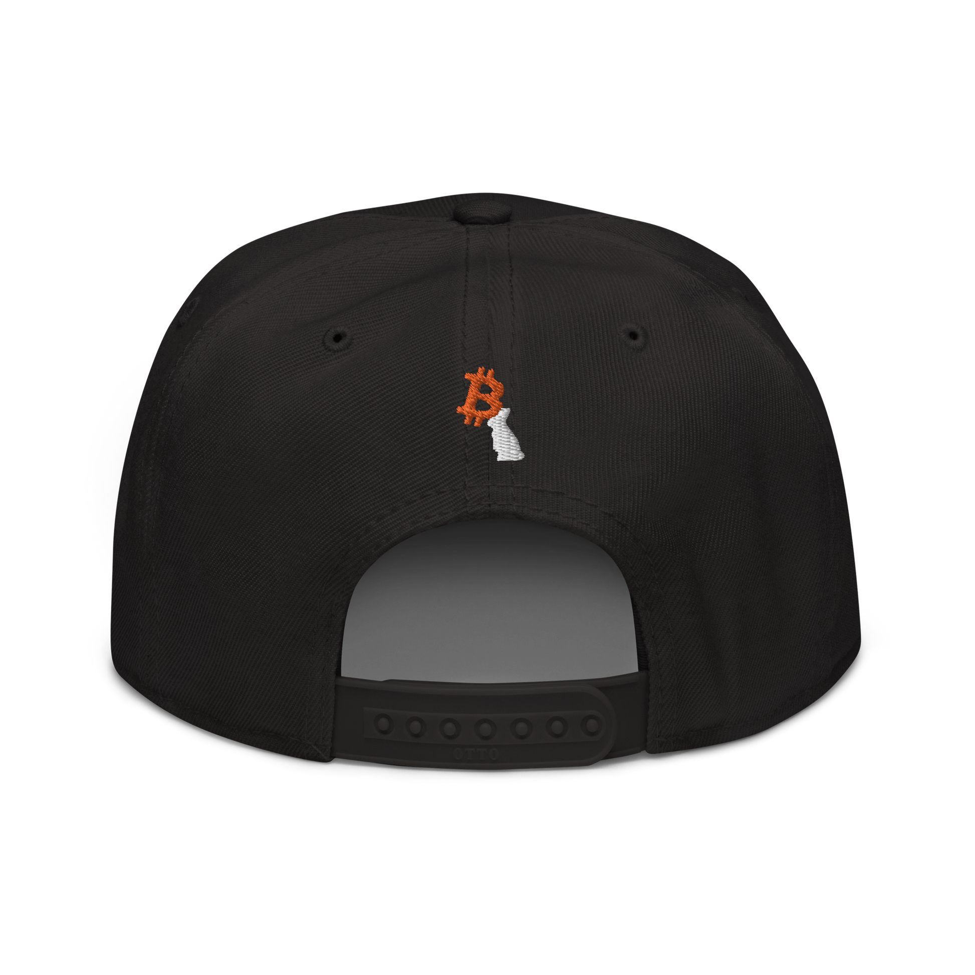 Back view of a black bitcoin snapback hat.