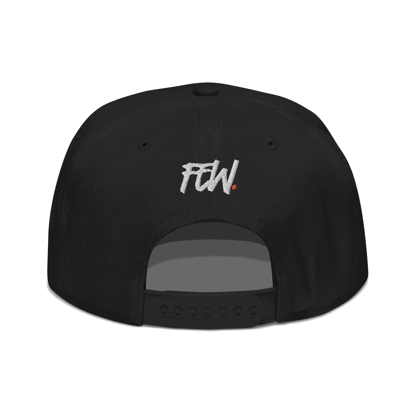 Back view of a black bitcoin snapback hat.