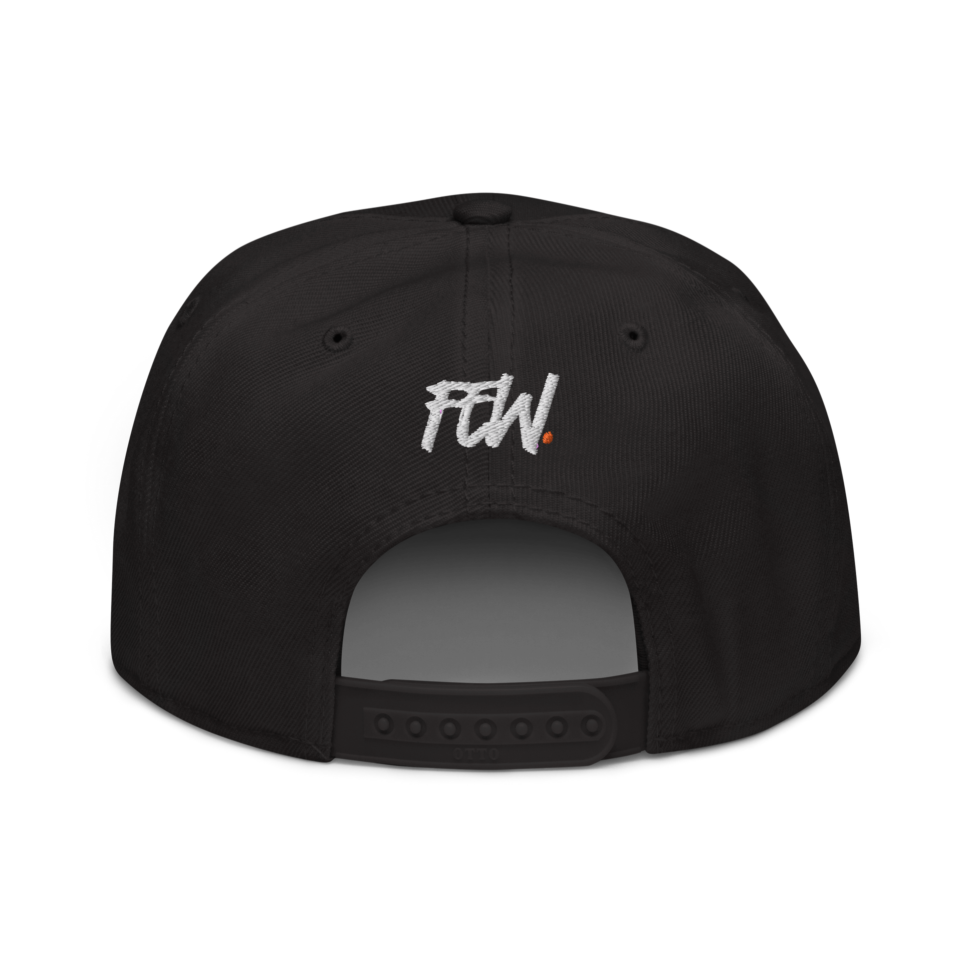 Back view of a black bitcoin snapback hat.