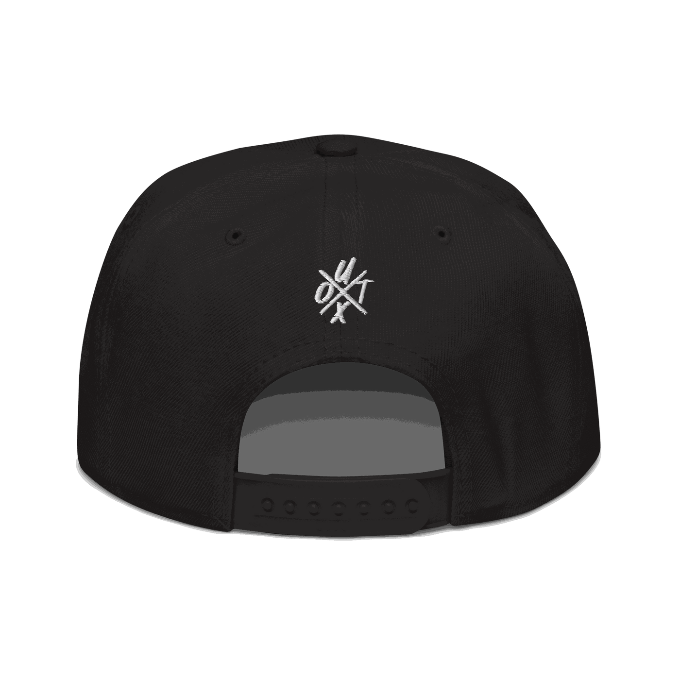 Back view of a black bitcoin snapback hat.