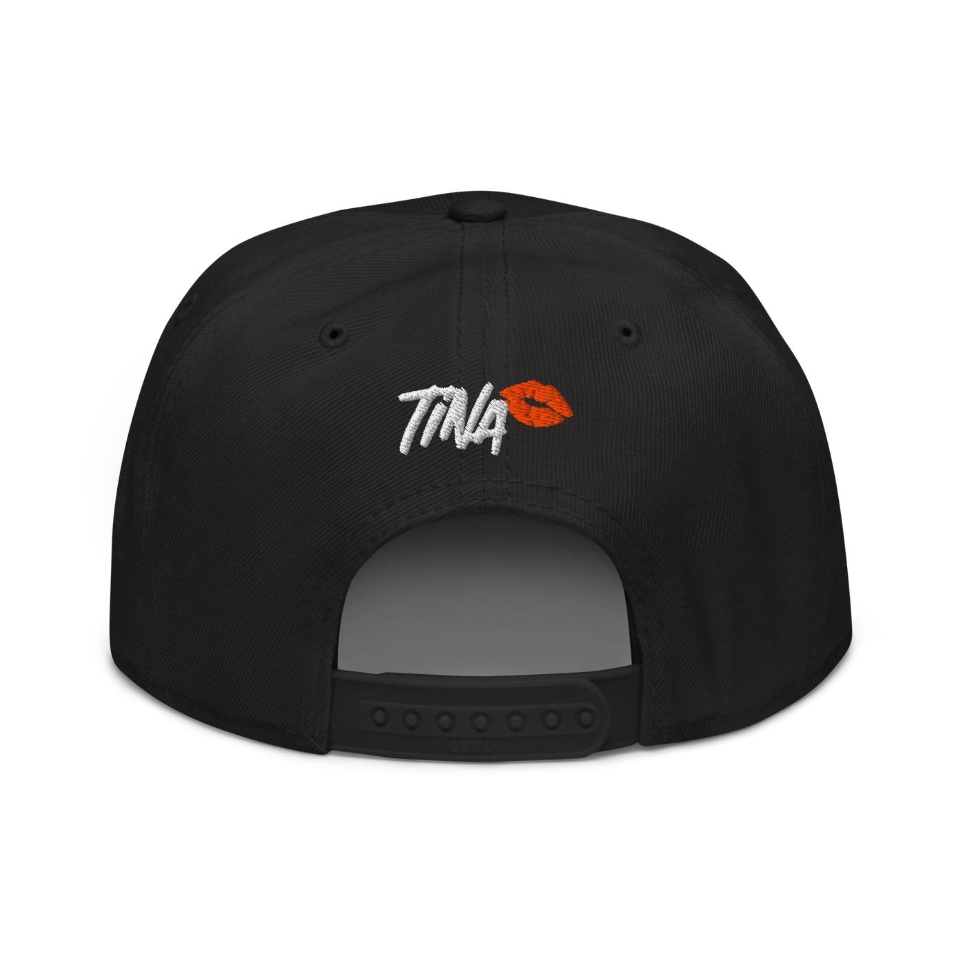 TINA bitcoin snapback hat in Black, back view.