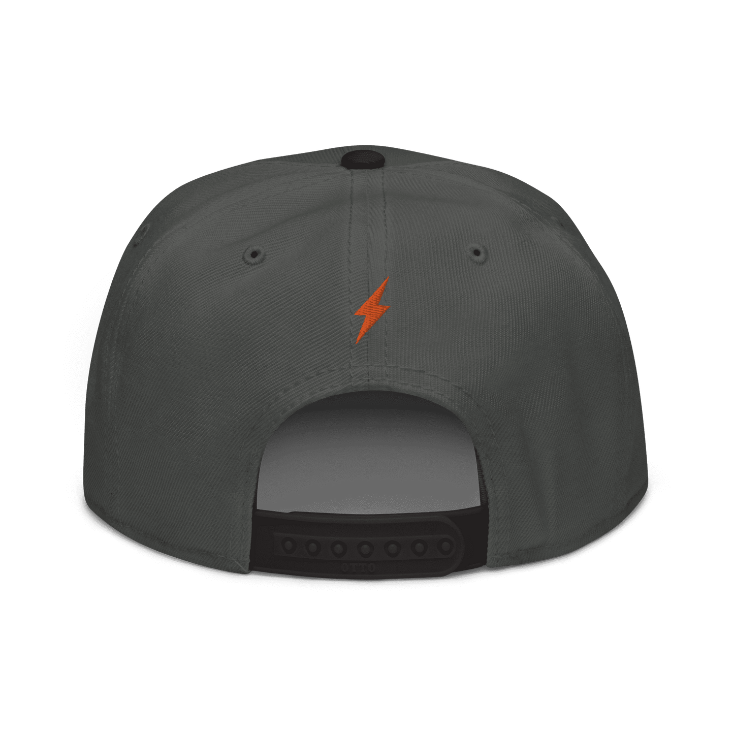 Back view of a charcoal grey and black bitcoin snapback hat.