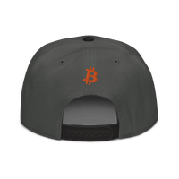 Back view of a charcoal grey and black bitcoin snapback hat.