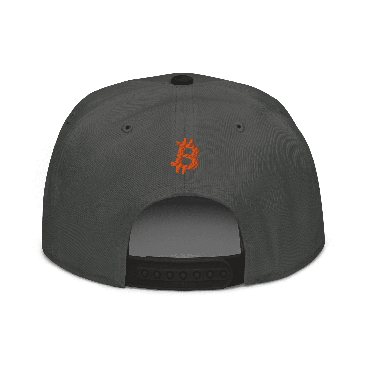 Back view of a charcoal grey and black bitcoin snapback hat.