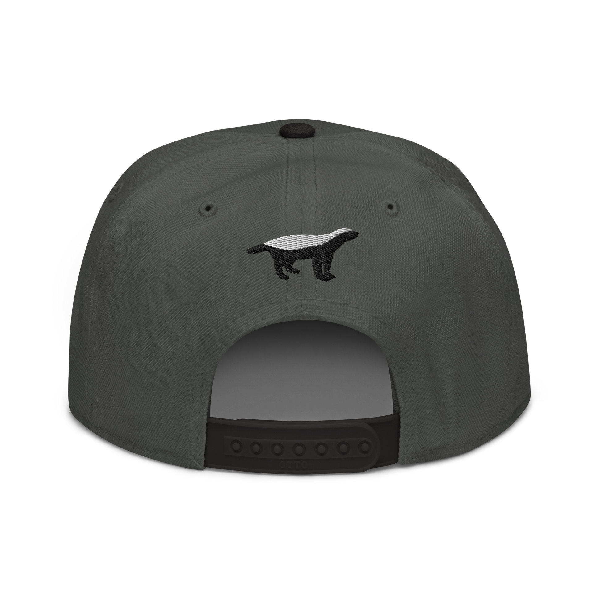 Back view of a charcoal grey and black bitcoin snapback hat.