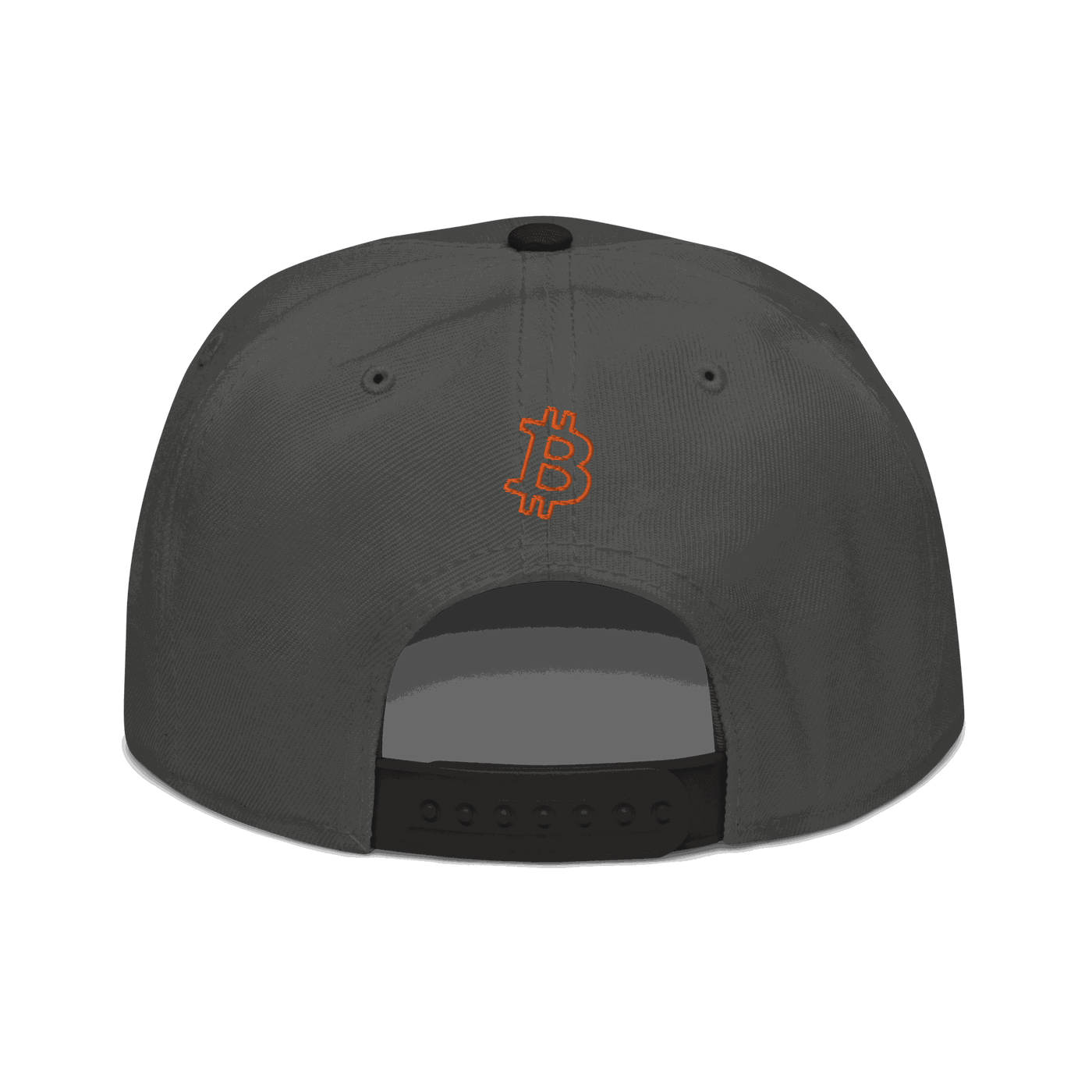Back view of a charcoal grey and black bitcoin snapback hat.
