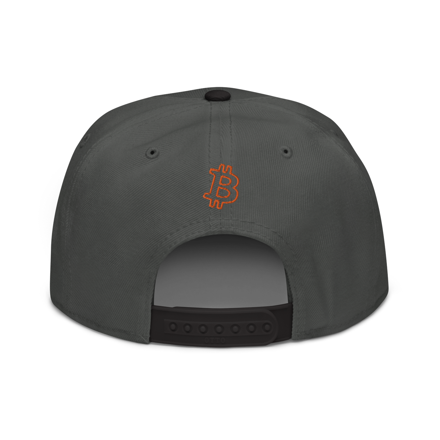 Back view of a charcoal grey and black bitcoin snapback hat.