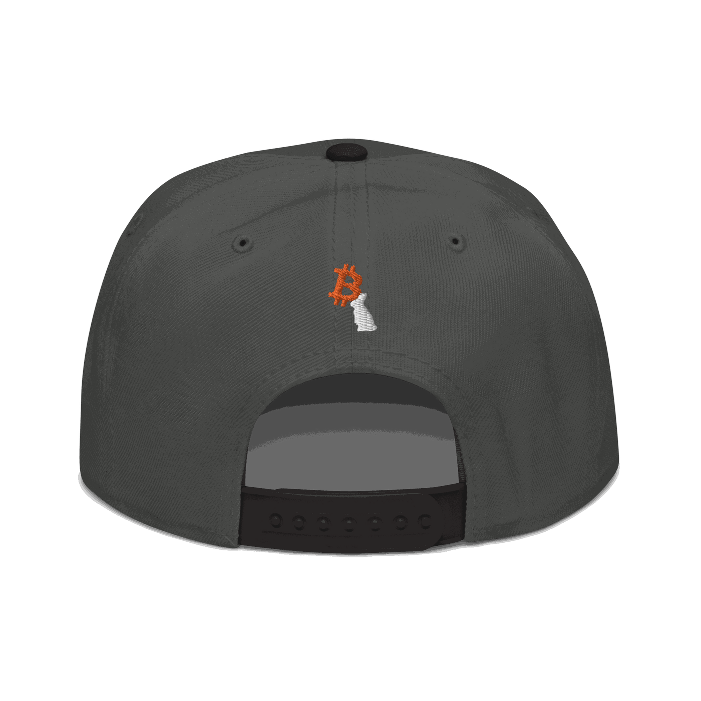 Back view of a charcoal grey and black bitcoin snapback hat.