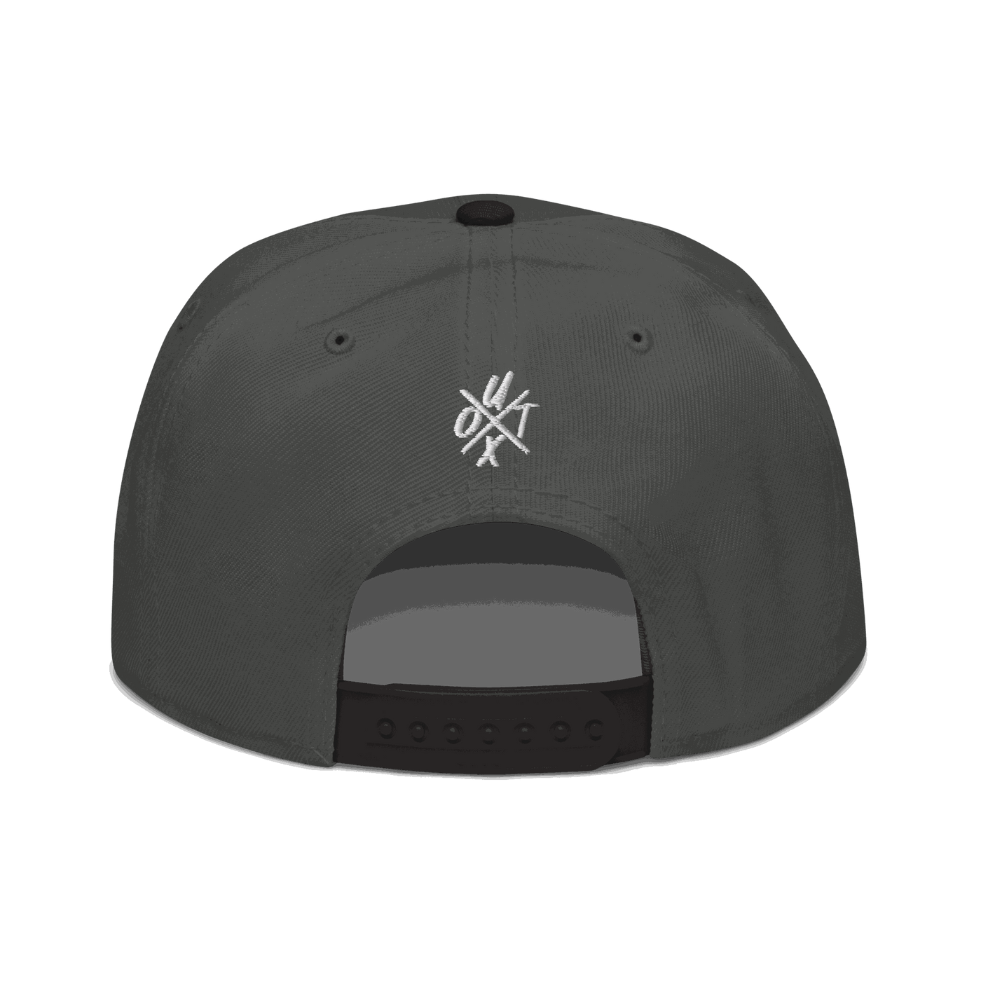 Back view of a charcoal grey and black bitcoin snapback hat.