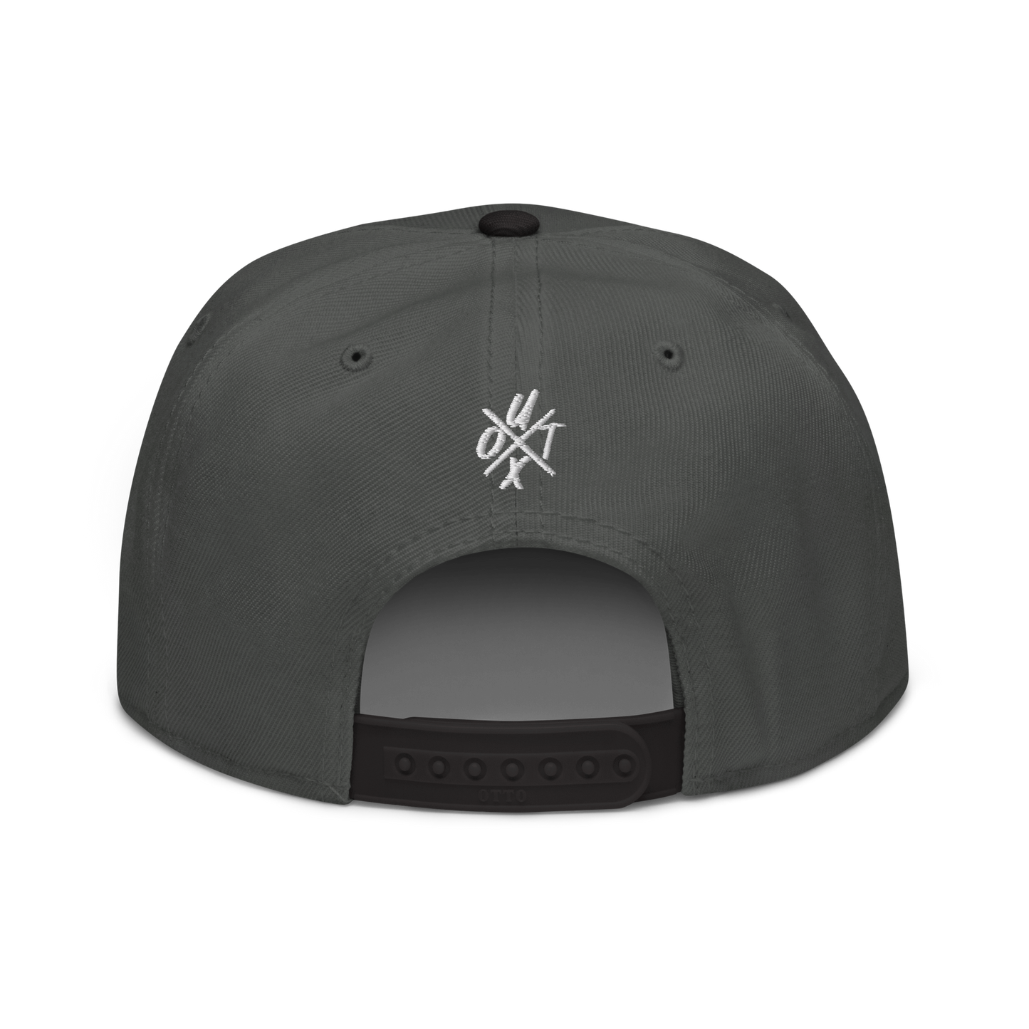 Back view of a charcoal grey and black bitcoin snapback hat.