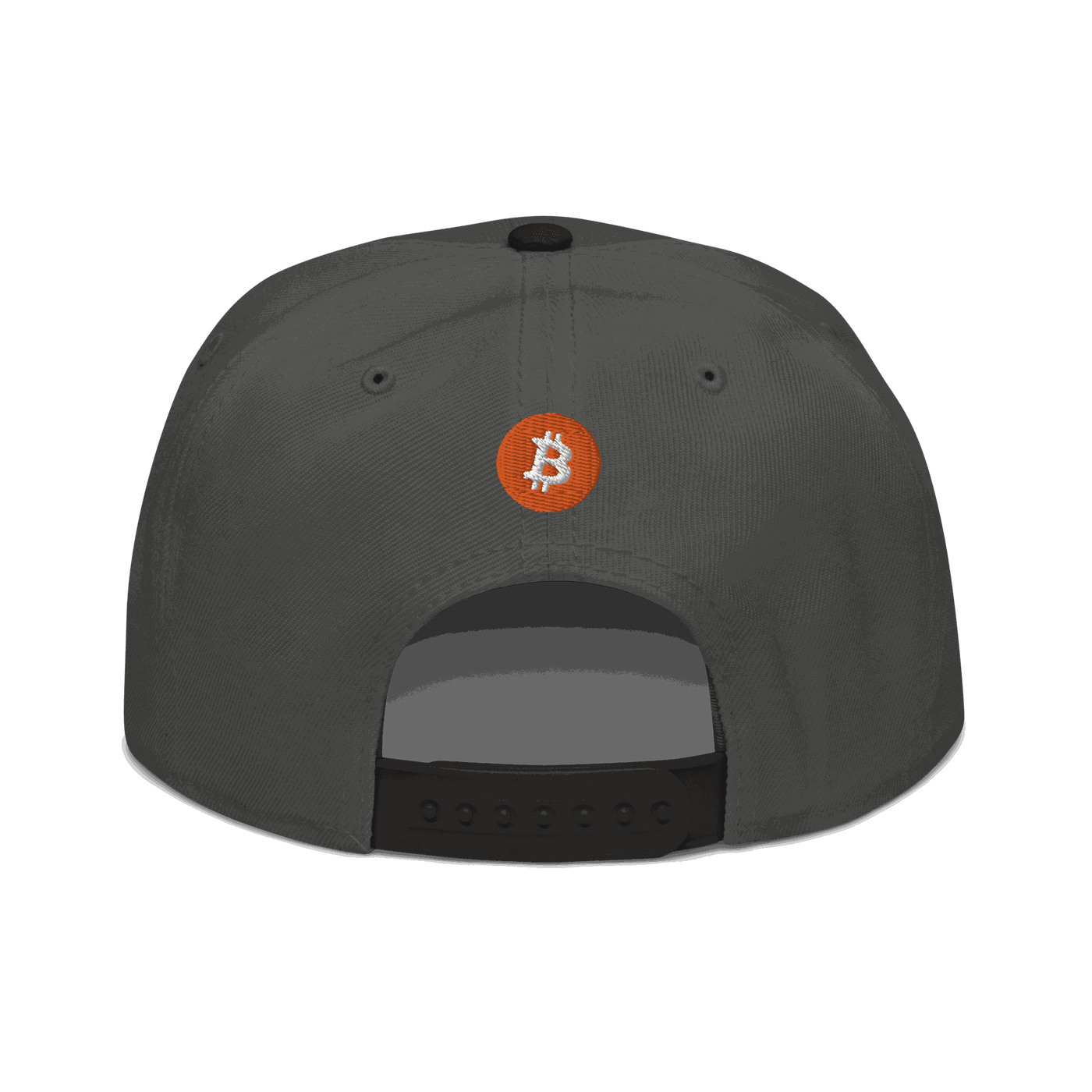 Black Einundzwanzig Bitcoin snapback hat with flat visor and grey under visor