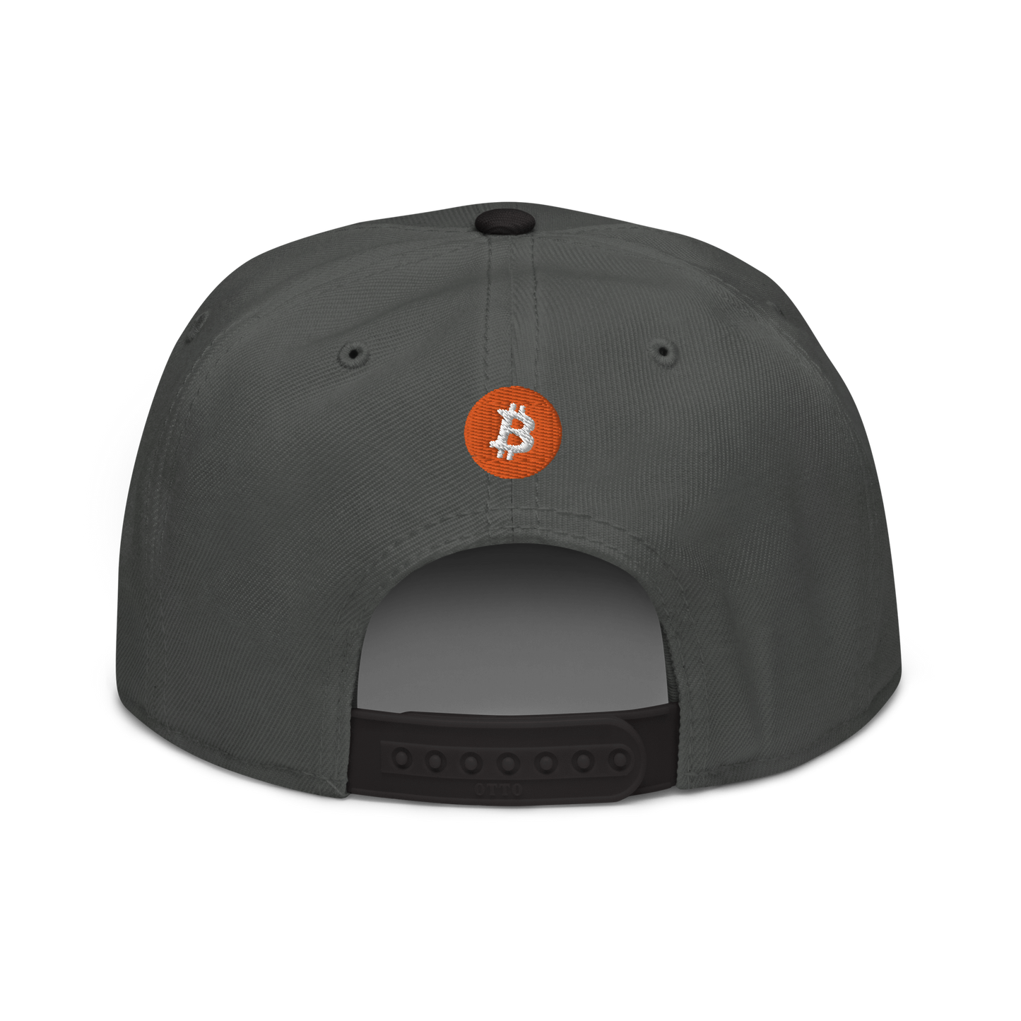 Back view of a charcoal grey and black bitcoin snapback hat.