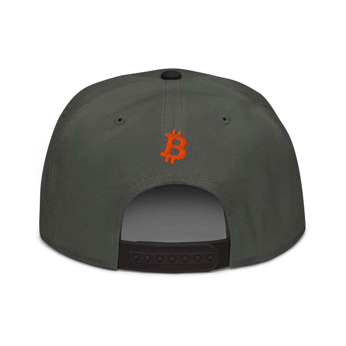 Emergency Exit bitcoin snapback hat in Black / Charcoal gray / Charcoal gray, back view.