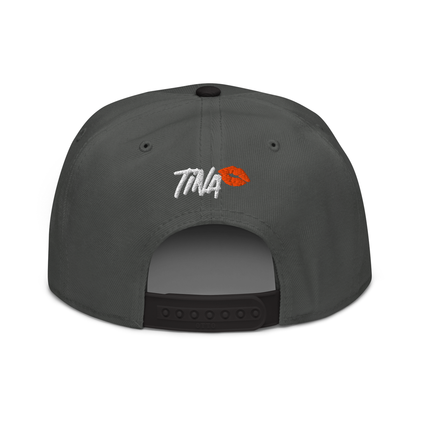 TINA bitcoin snapback hat in Black / Charcoal gray / Charcoal gray, back view.