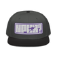 Front view of a charcoal grey and black nostr snapback hat.