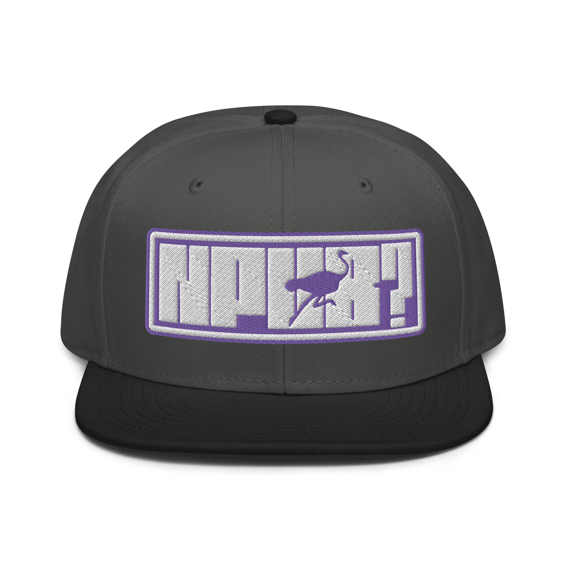 Front view of a charcoal grey and black nostr snapback hat.