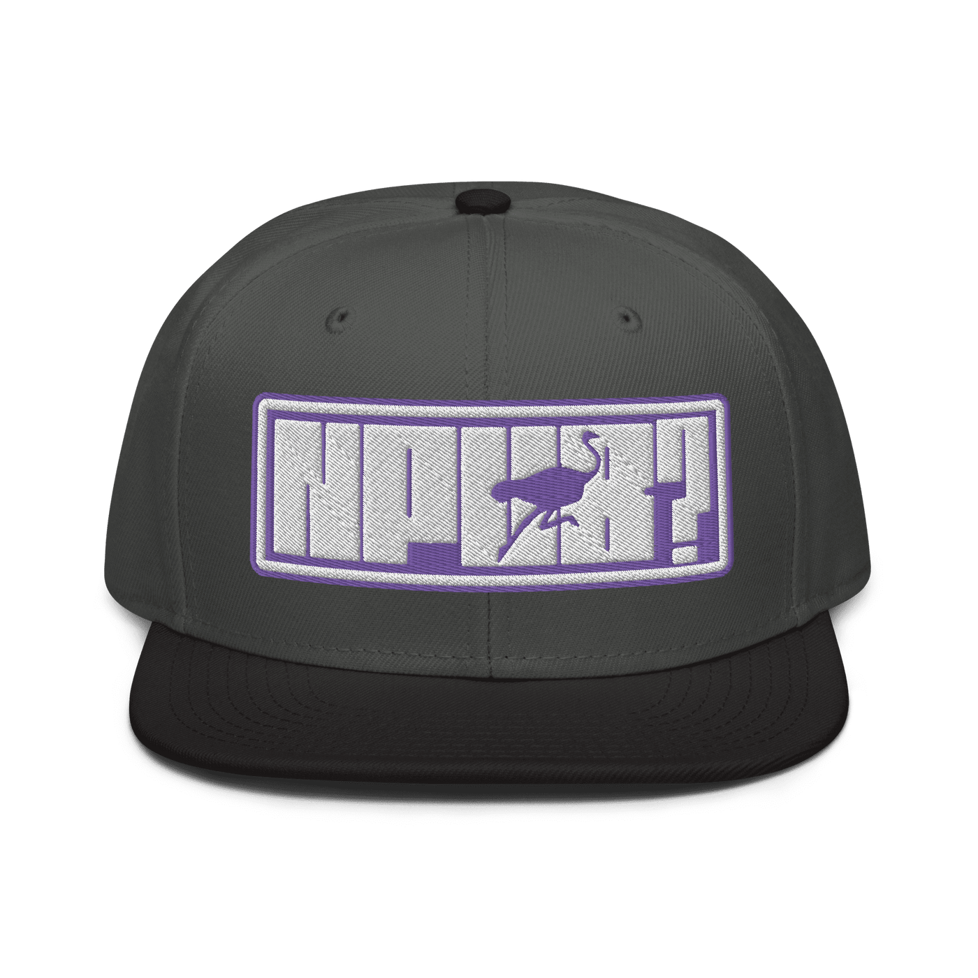Front view of a charcoal grey and black nostr snapback hat.