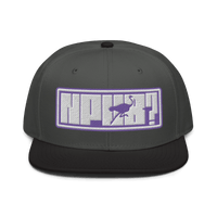 Front view of a charcoal grey and black nostr snapback hat.