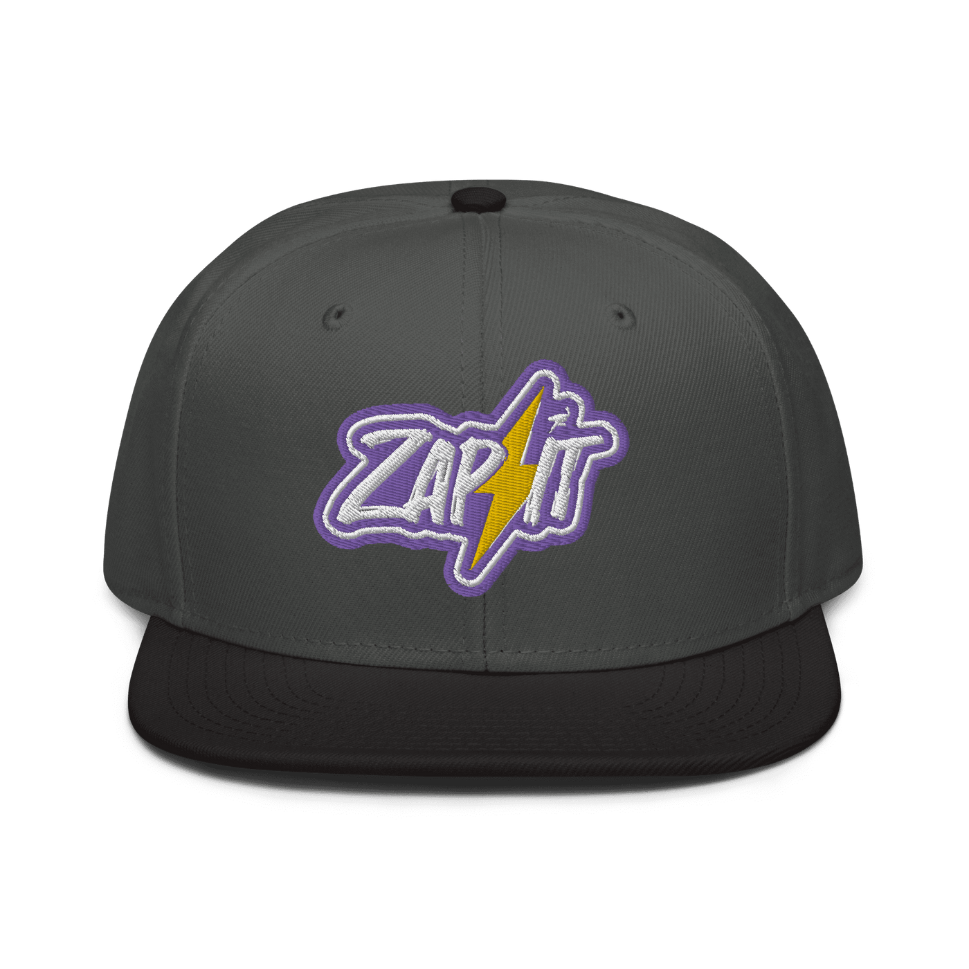 Front view of a charcoal grey and black nostr snapback hat.