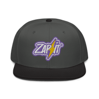 Front view of a charcoal grey and black nostr snapback hat.