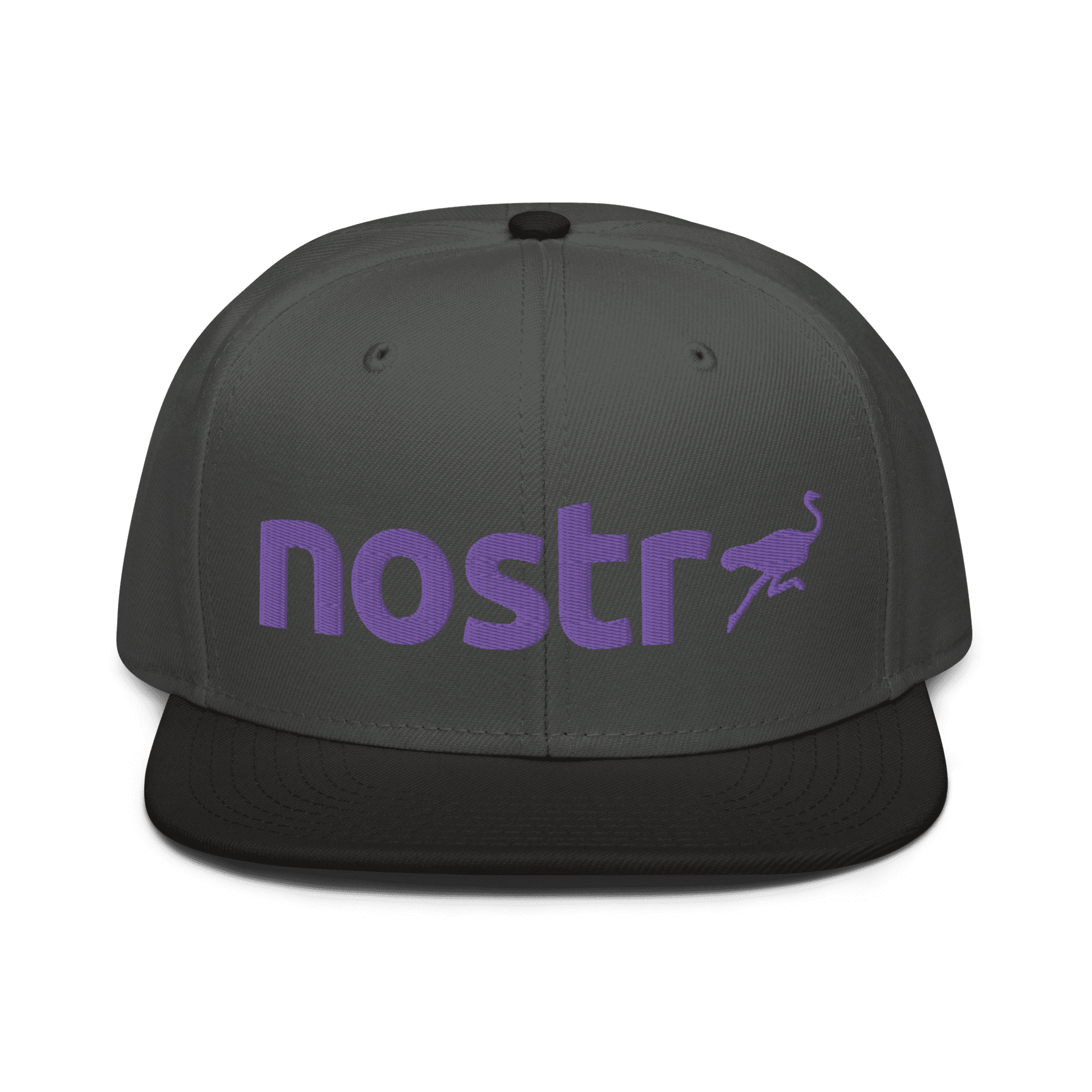 Front view of a charcoal grey and black nostr snapback hat.