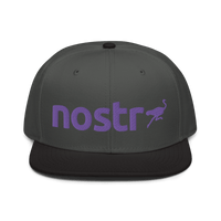 Front view of a charcoal grey and black nostr snapback hat.