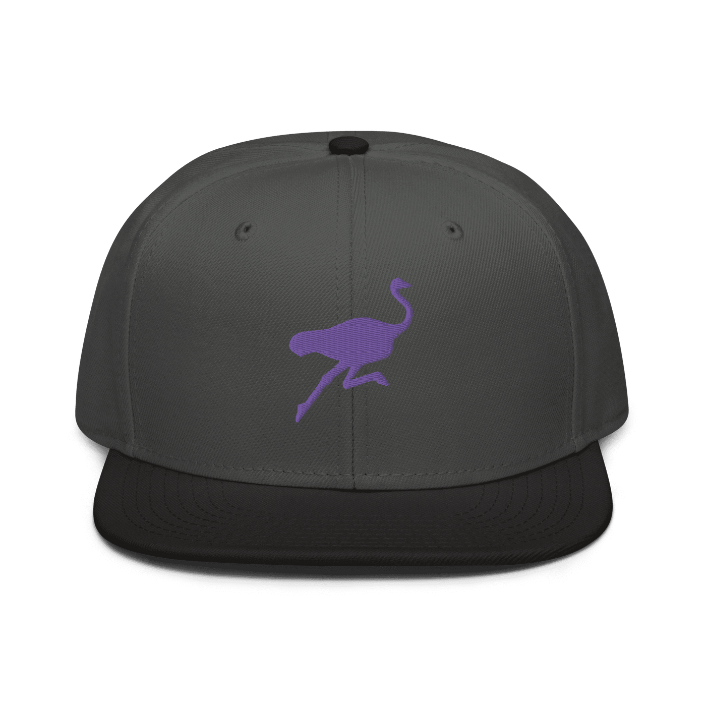 Front view of a charcoal grey and black nostr snapback hat.
