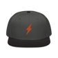 Front view of a charcoal grey and black bitcoin snapback hat.