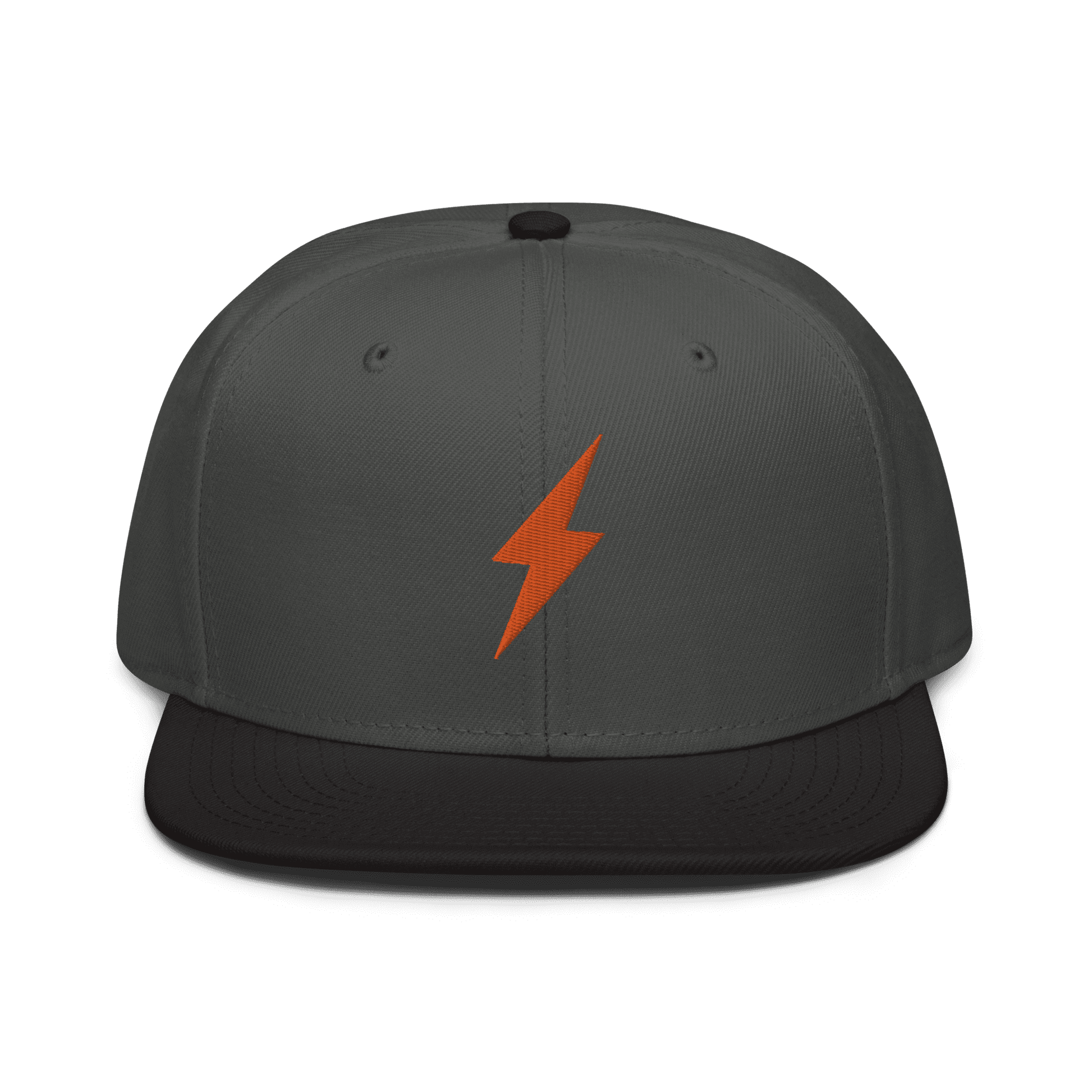 Front view of a charcoal grey and black bitcoin snapback hat.