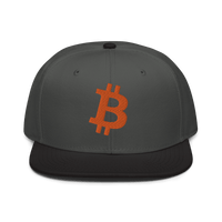 Front view of a charcoal grey and black bitcoin snapback hat.