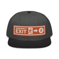 Front view of a charcoal grey and black bitcoin snapback hat.