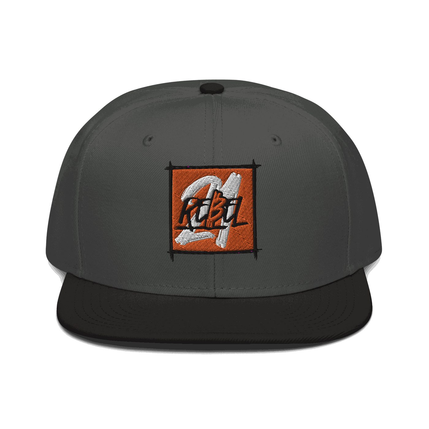 Black 21 Rebel Bitcoin snapback hat with embroidered logo and flat grey under visor