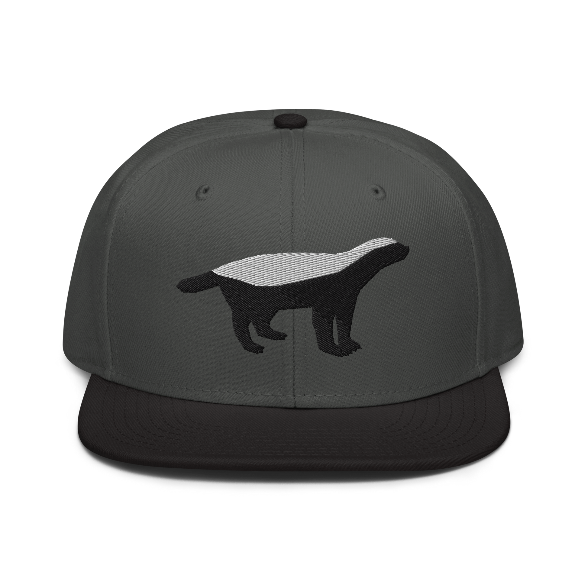 Front view of a charcoal grey and black bitcoin snapback hat.