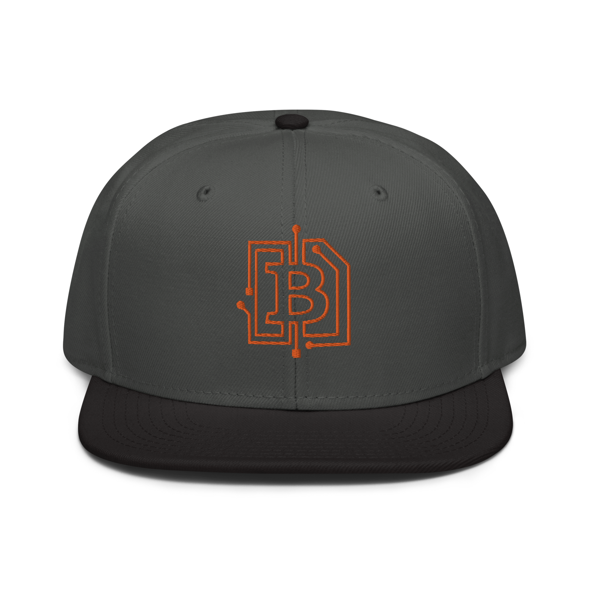 Front view of a charcoal grey and black bitcoin snapback hat.