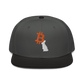 Front view of a charcoal grey and black bitcoin snapback hat.