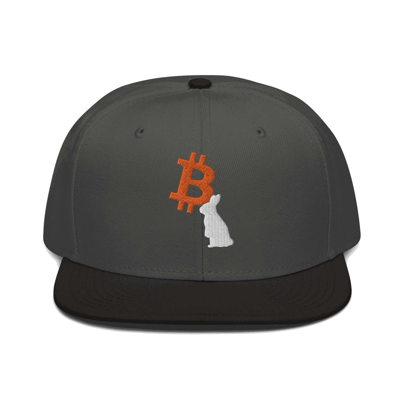 Front view of a charcoal grey and black bitcoin snapback hat.