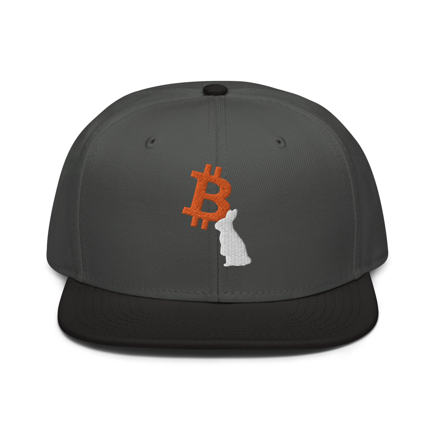 Front view of a charcoal grey and black bitcoin snapback hat.