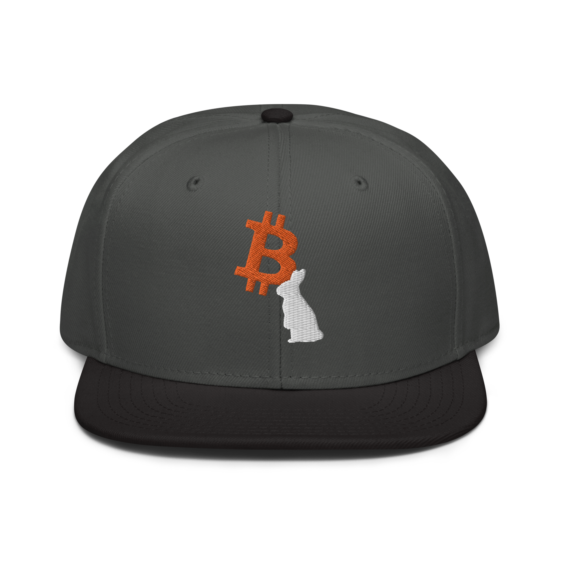 Front view of a charcoal grey and black bitcoin snapback hat.