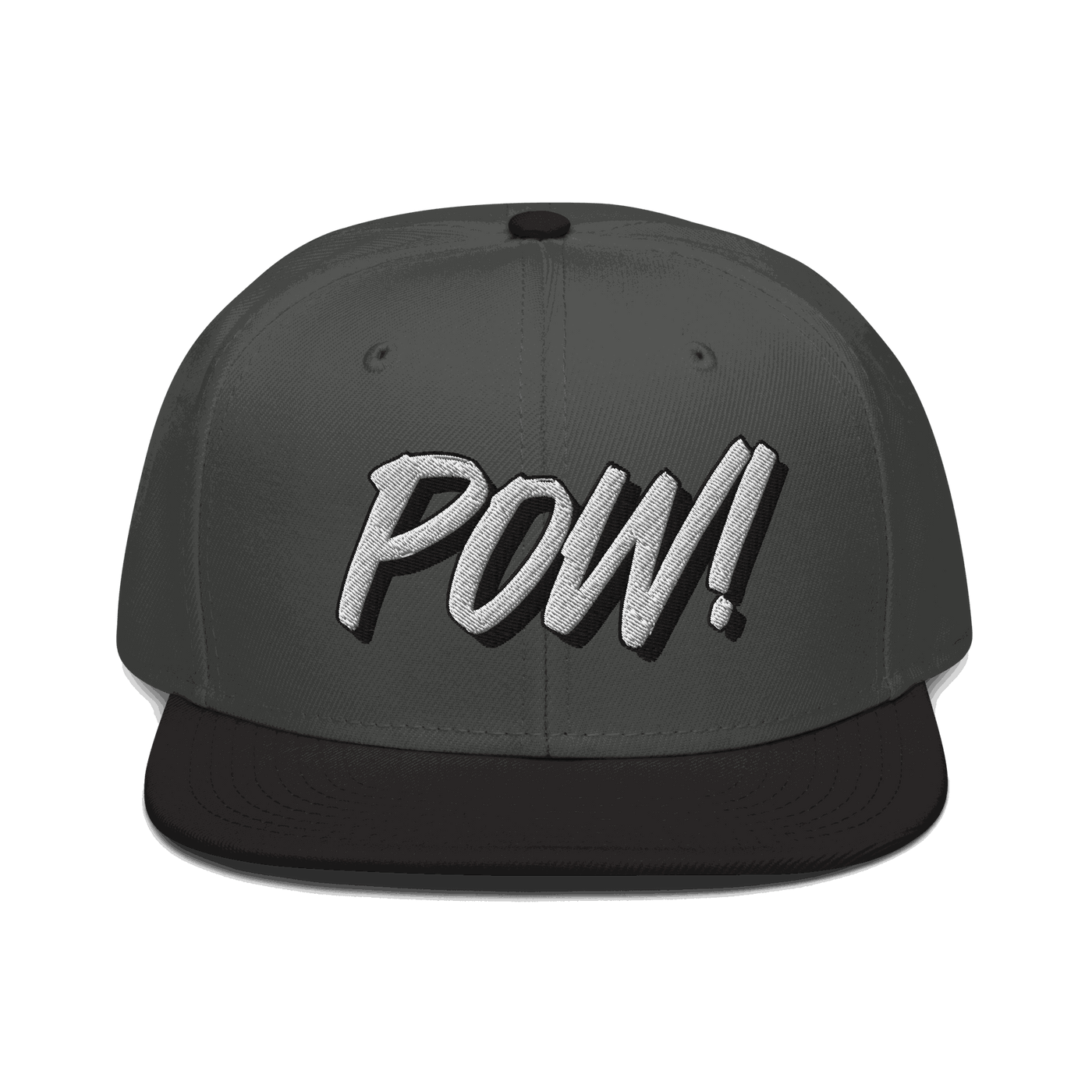 Front view of a charcoal grey and black bitcoin snapback hat.