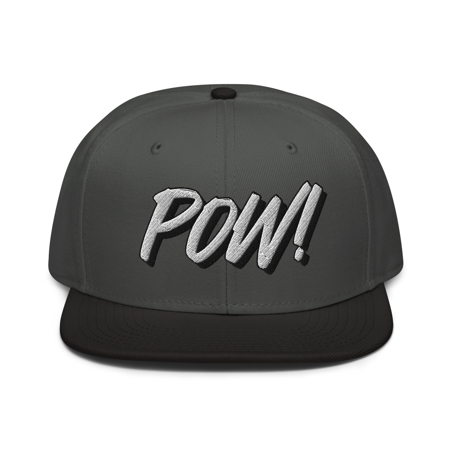 Front view of a charcoal grey and black bitcoin snapback hat.