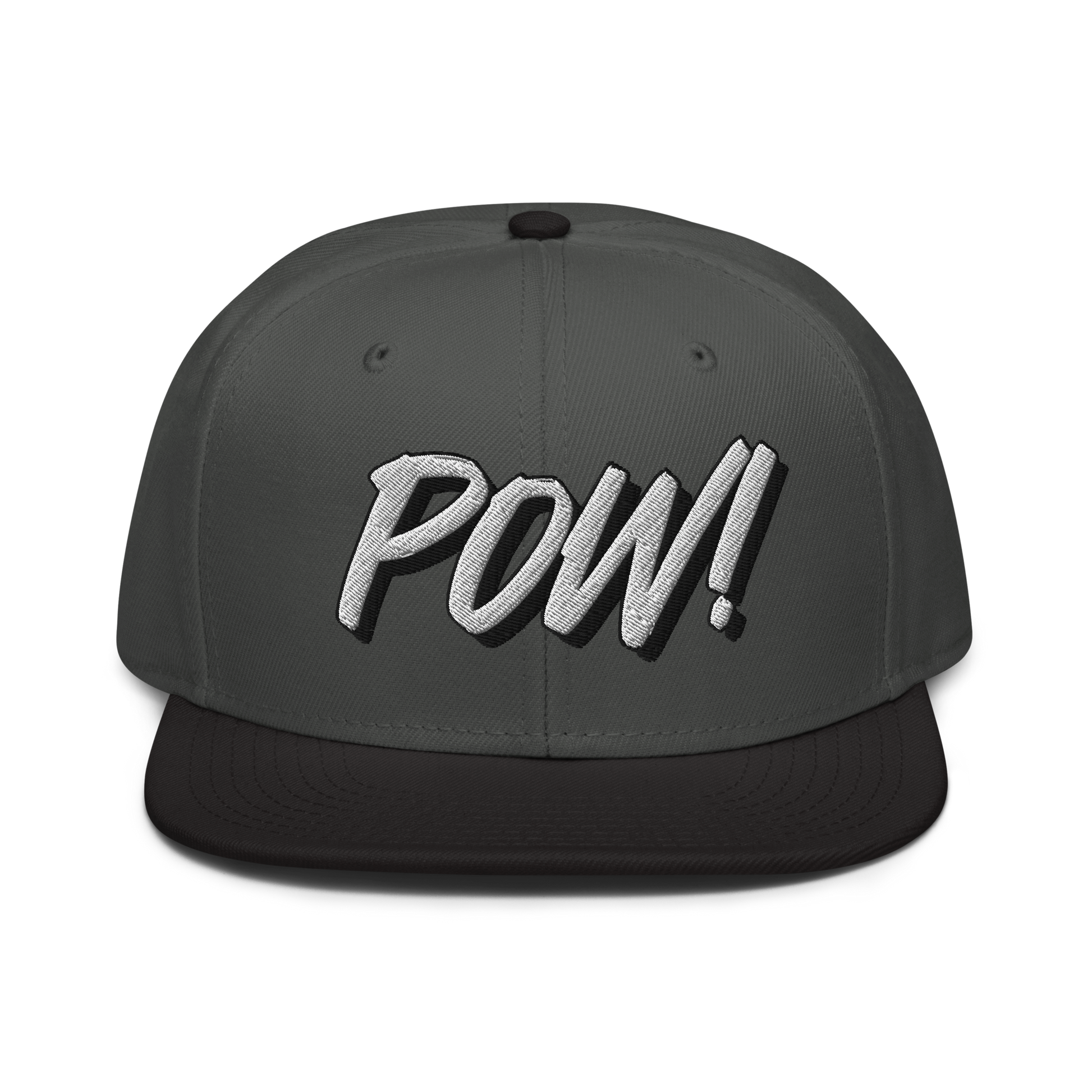 Front view of a charcoal grey and black bitcoin snapback hat.