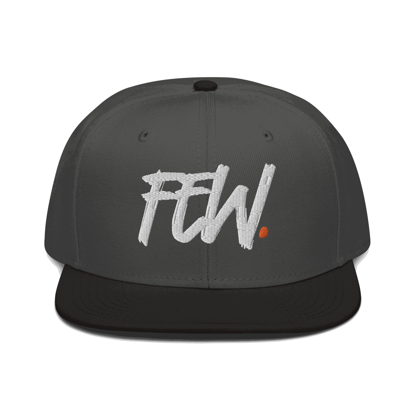 Front view of a charcoal grey and black bitcoin snapback hat.