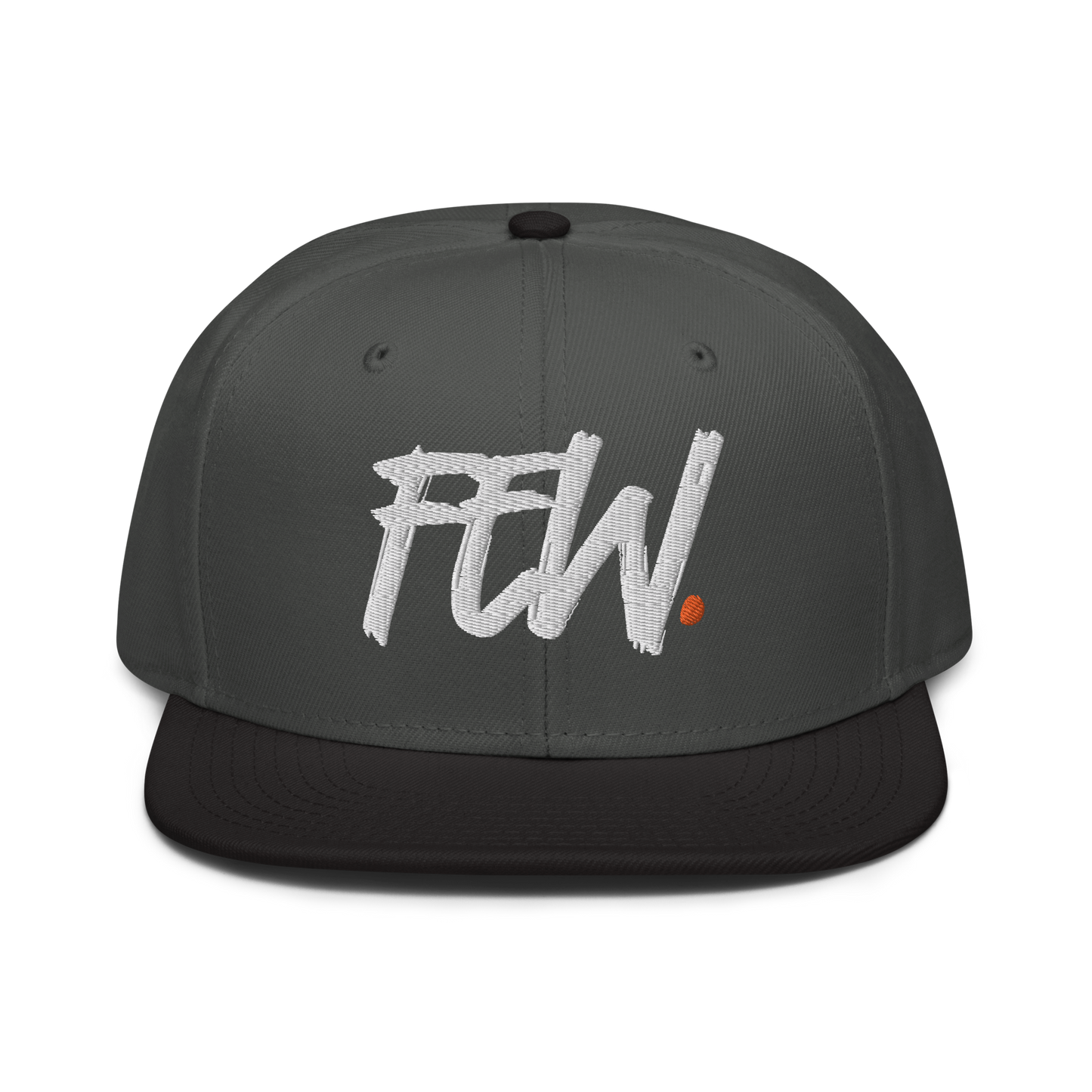 Front view of a charcoal grey and black bitcoin snapback hat.