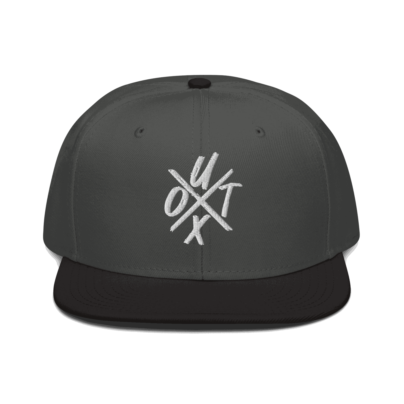 Front view of a charcoal grey and black bitcoin snapback hat.
