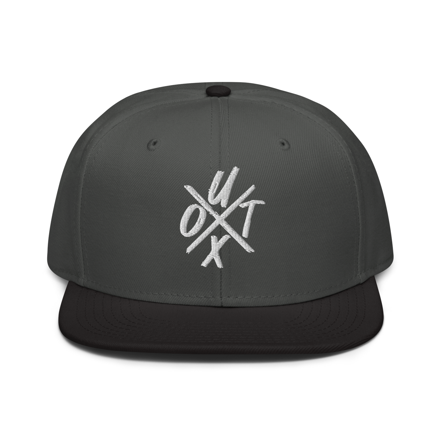 Front view of a charcoal grey and black bitcoin snapback hat.