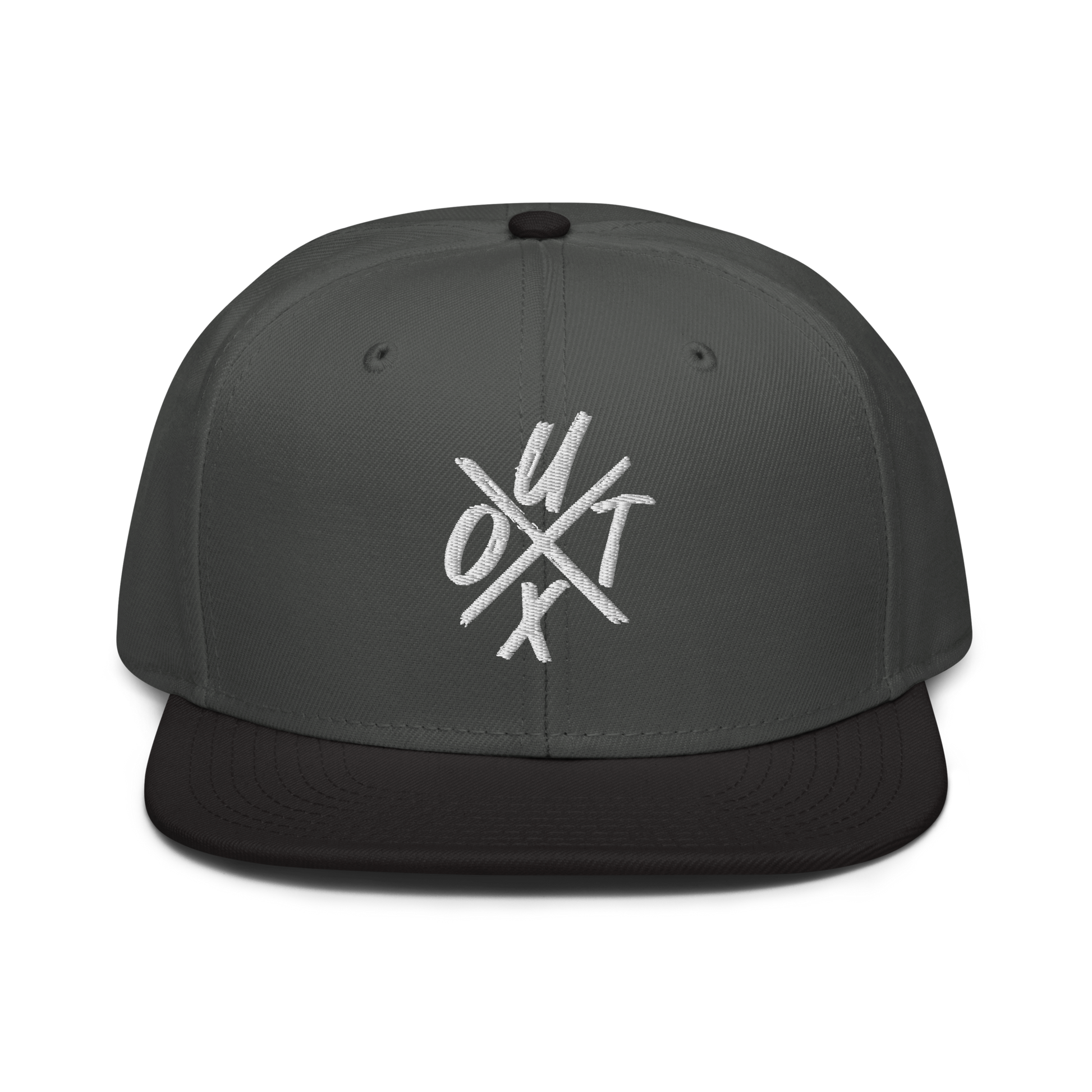 Front view of a charcoal grey and black bitcoin snapback hat.